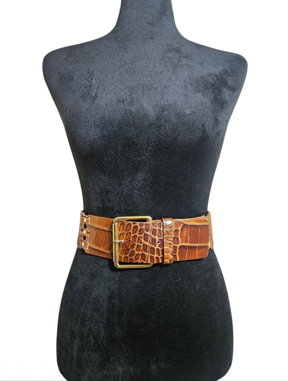 Streets Ahead Vintage Croc-Embossed Brown Leather Statement Belt Size M NEW